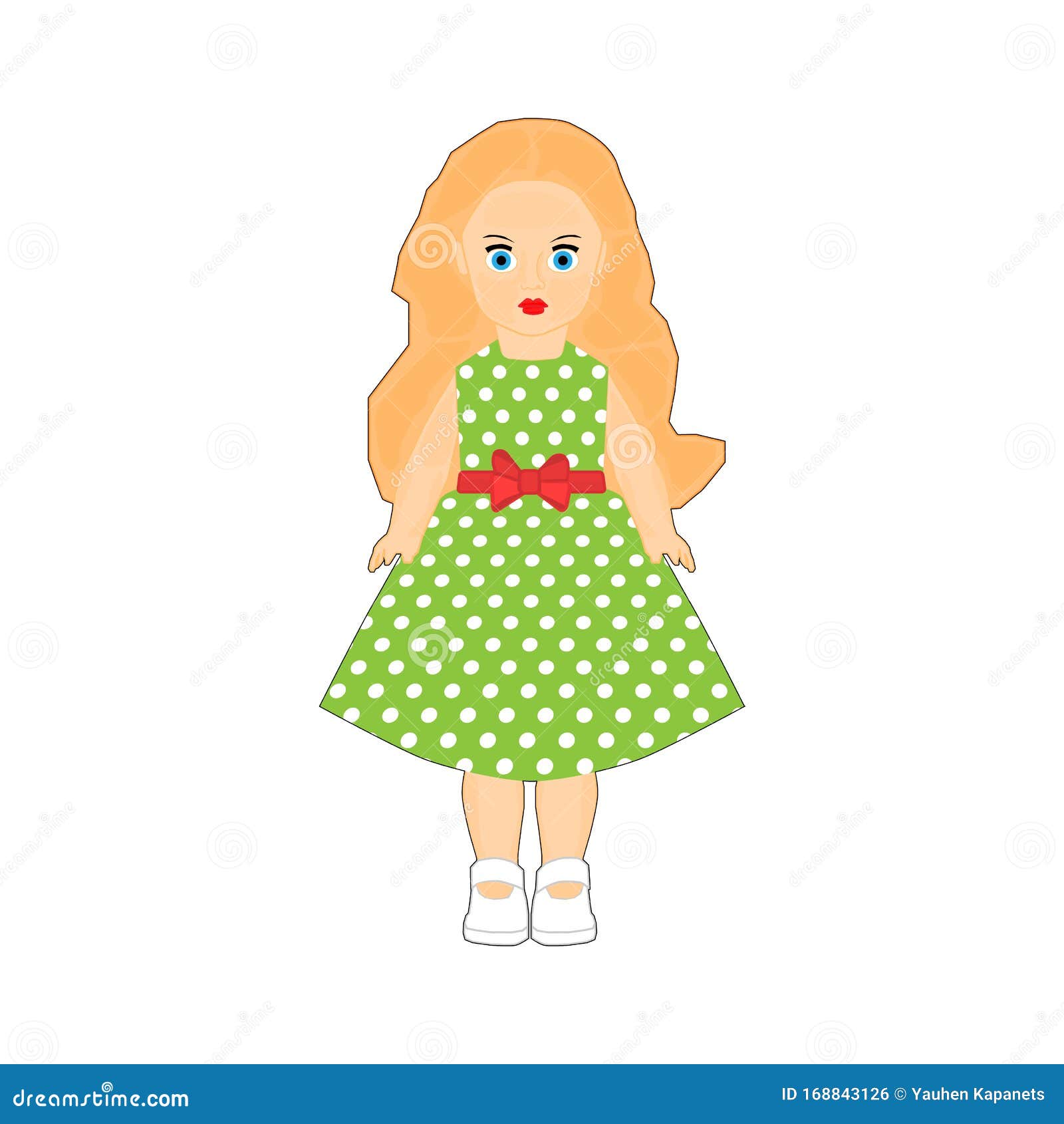 Doll of a Little Girl in a Green Dress on a White Background Stock ...