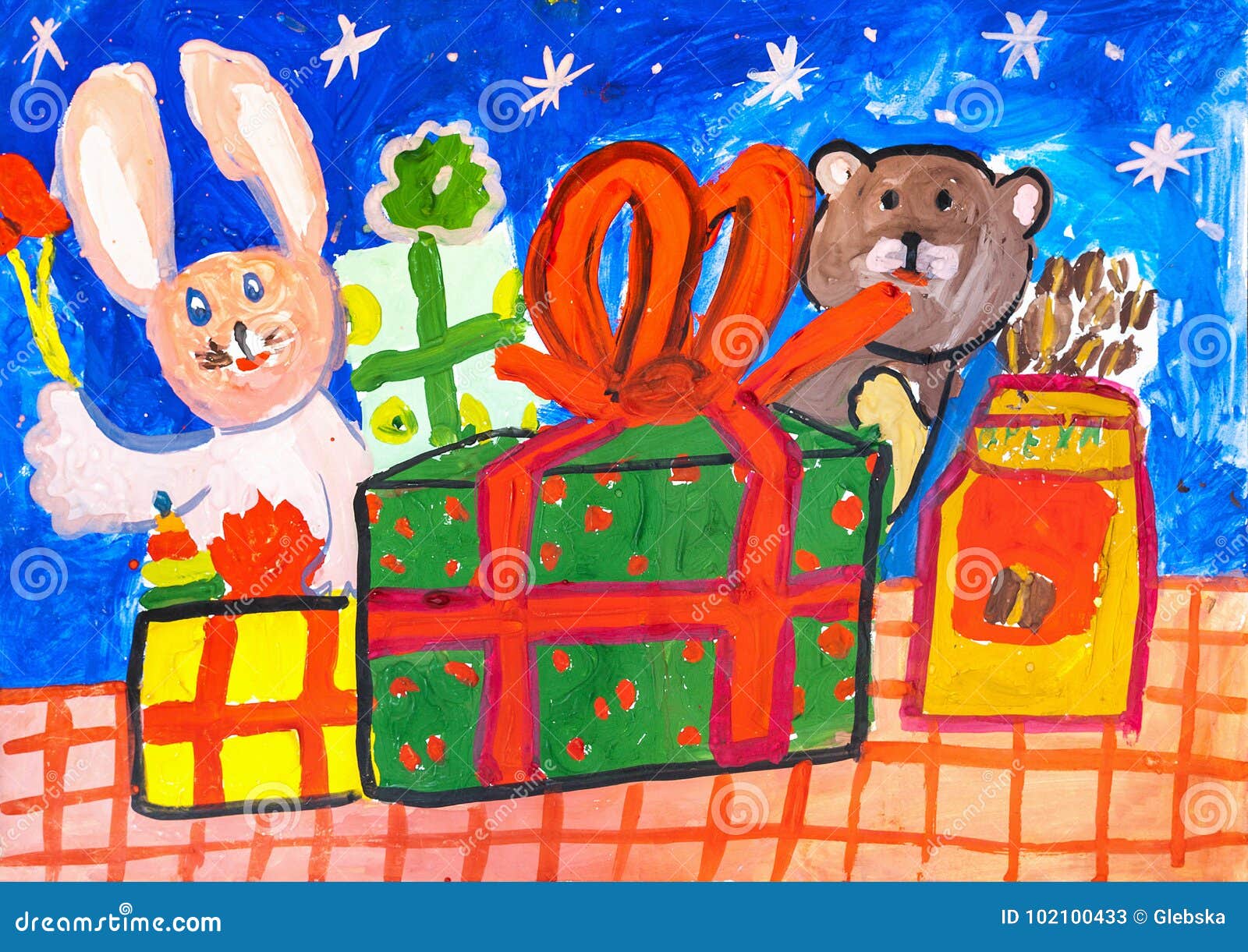 Children`s Drawing. Gifts and Toys on Table Stock Illustration