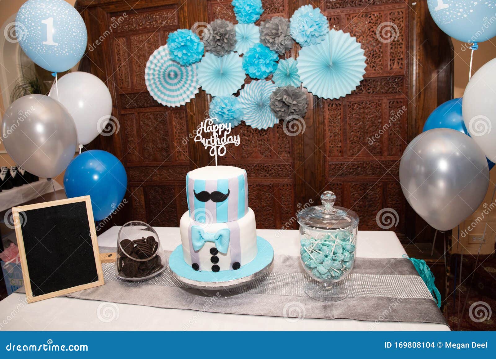 Blue Birthday Cake First Birthday Table Decoration Stock Photo ...