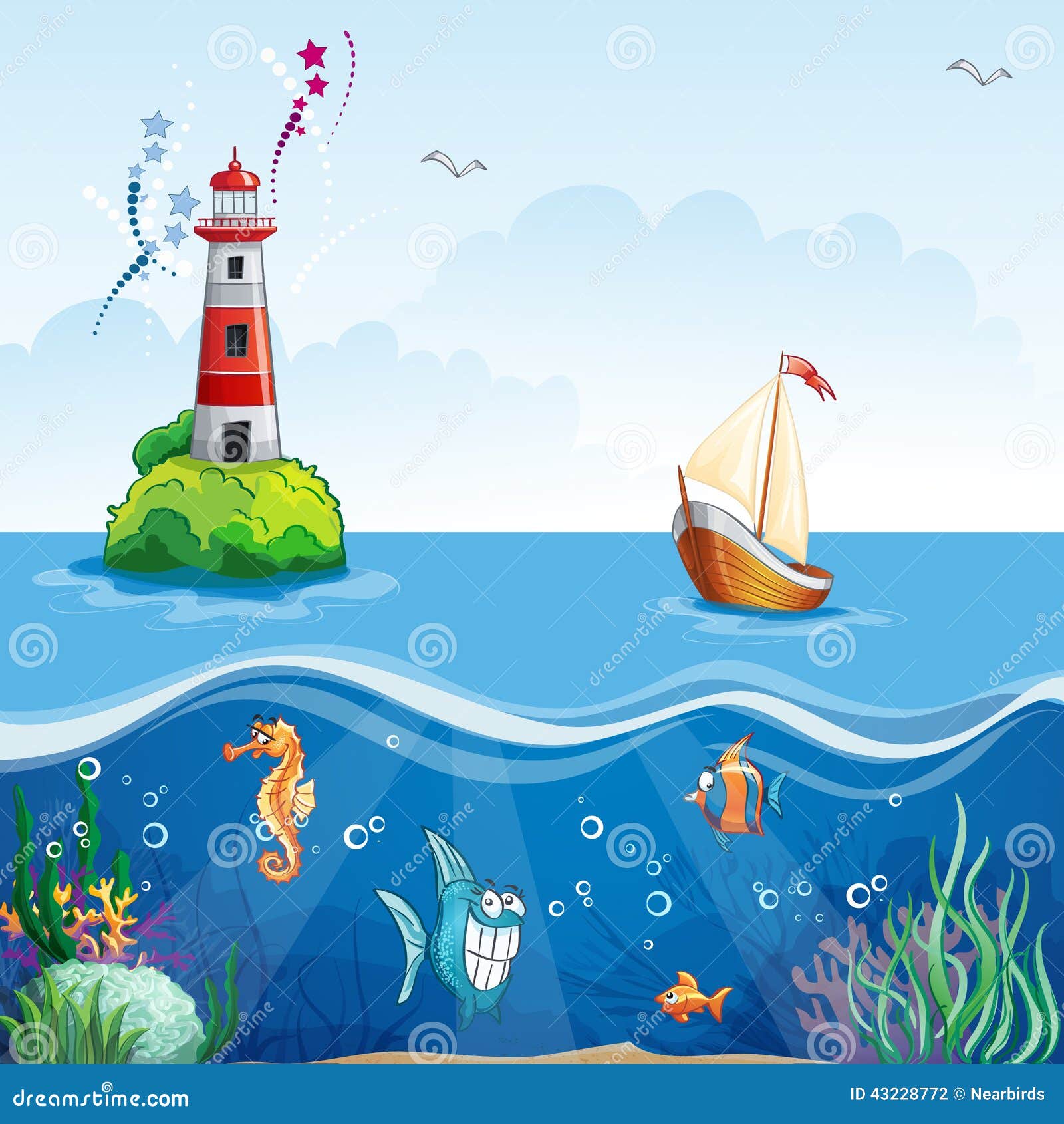 Children's Illustration With Lighthouse And Sailboat. On 