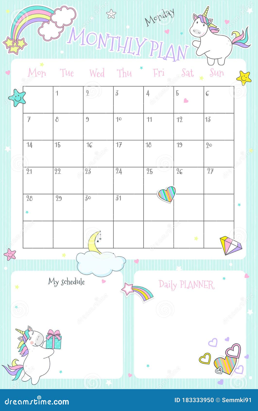 Children`s Monthly Planner with Cute Unicorns. Vector Illustration ...