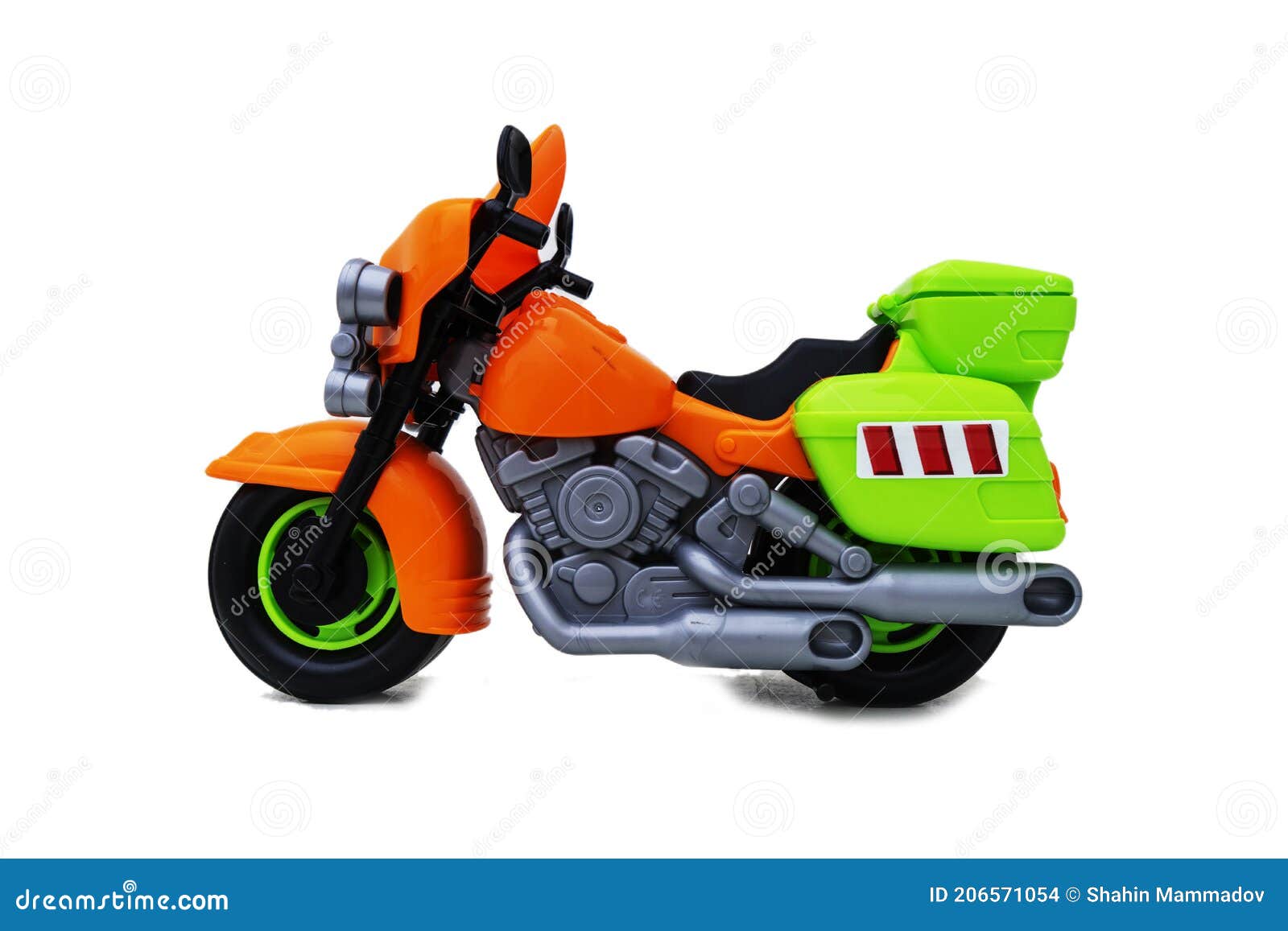 Children`s Plastic Toy Motorcycle on White Background. Stock Photo