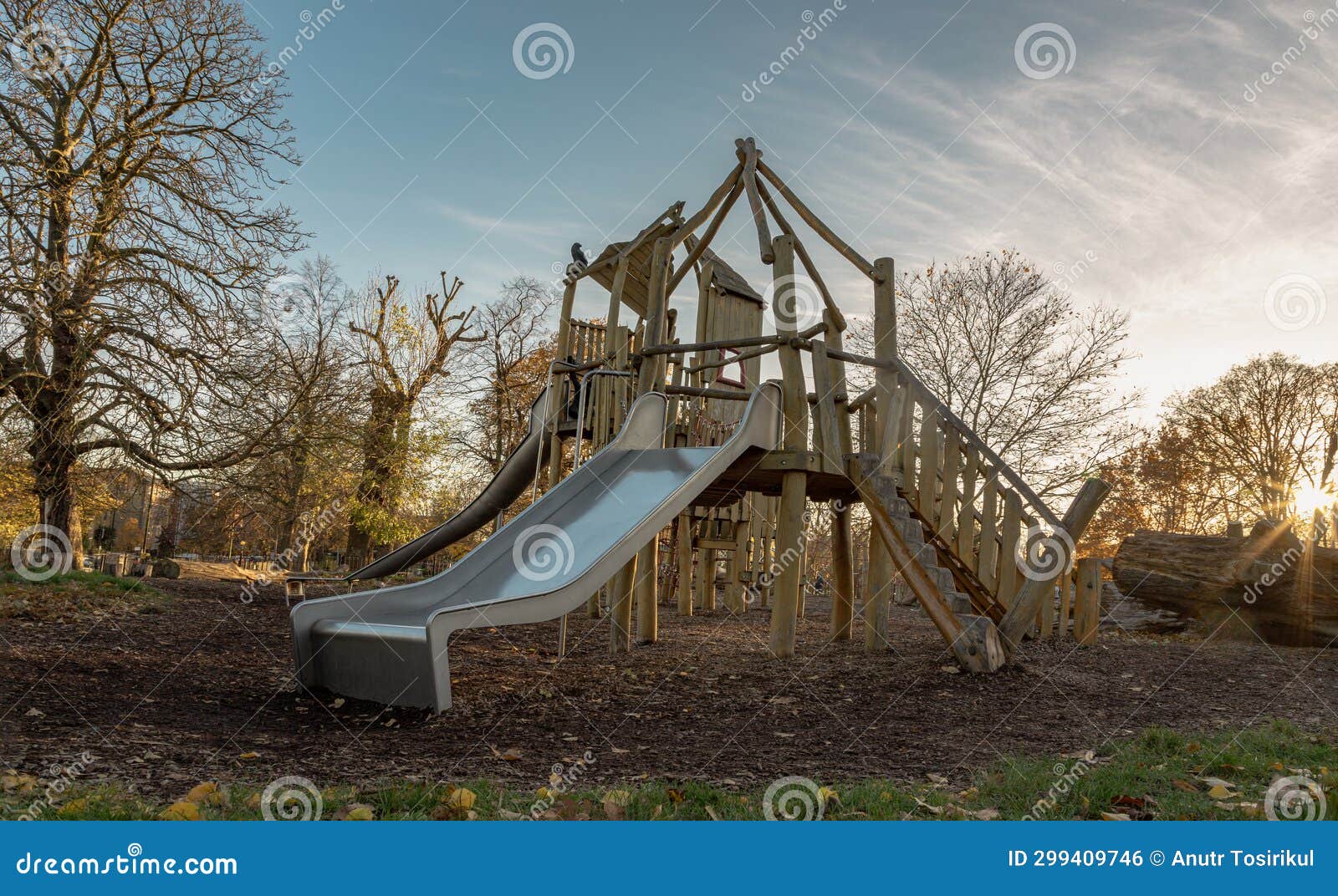 The Children S Playground with Slide, Rope Net Bridge Made of Wooden Tree  Trunk in Acton Park Stock Photo - Image of playground, nature: 299409746