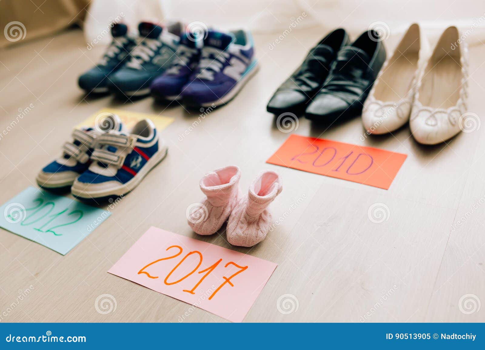 Children`s Shoes Next To An Adult Stock 