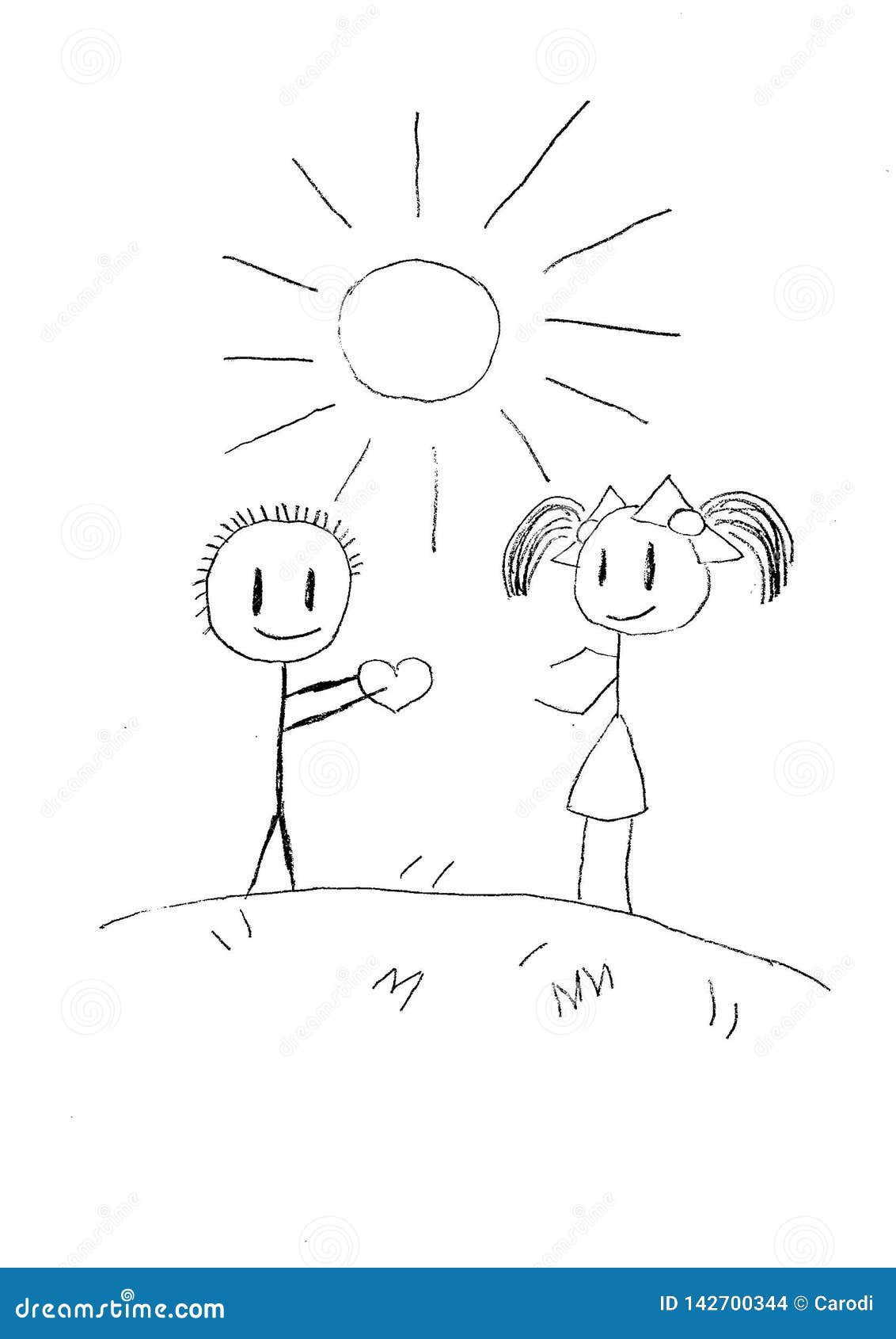 Children S Sketch Hand Draw Young Boy And Girl With Heart For