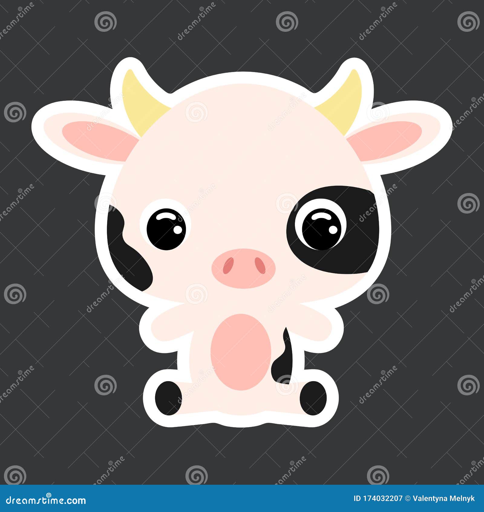 children`s sticker of cute little sitting cow. domestic animal. flat  stock 