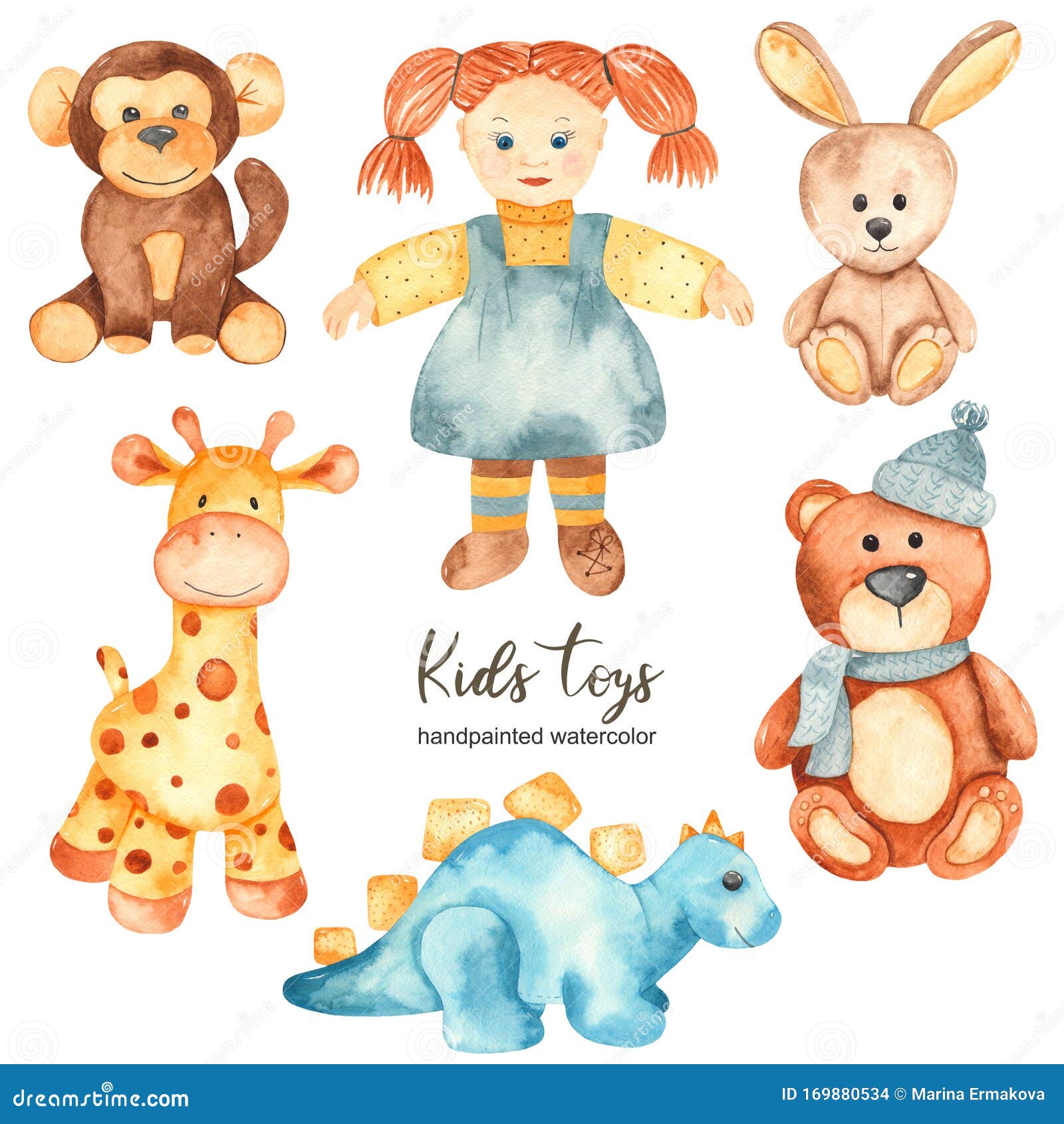 Watercolor Set with Children`s Stuffed Toys and Doll Stock Illustration -  Illustration of cartoon, childhood: 169880534