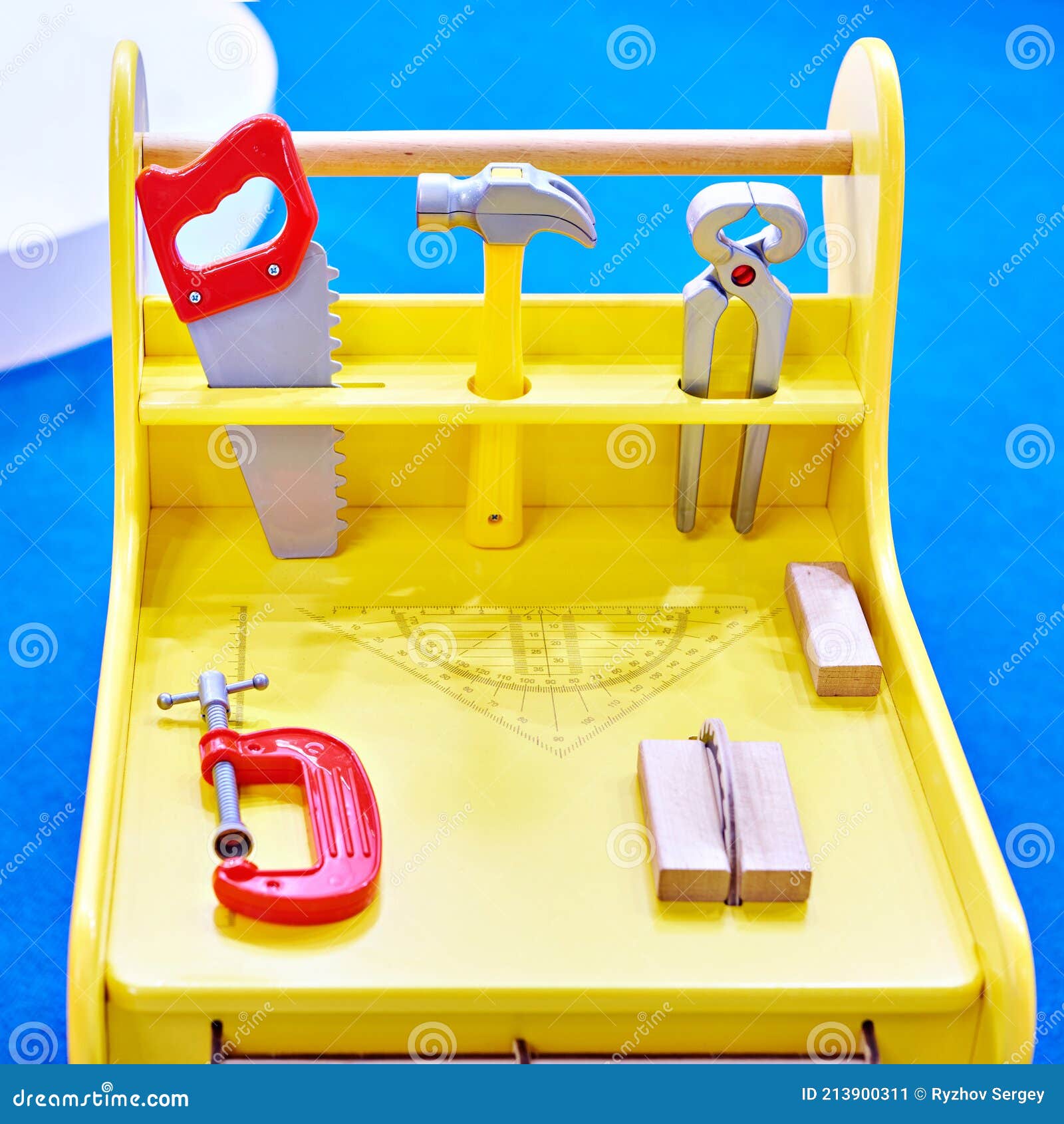 Kid`s Toy Carpentry Workbench with Tools Stock Image Image of