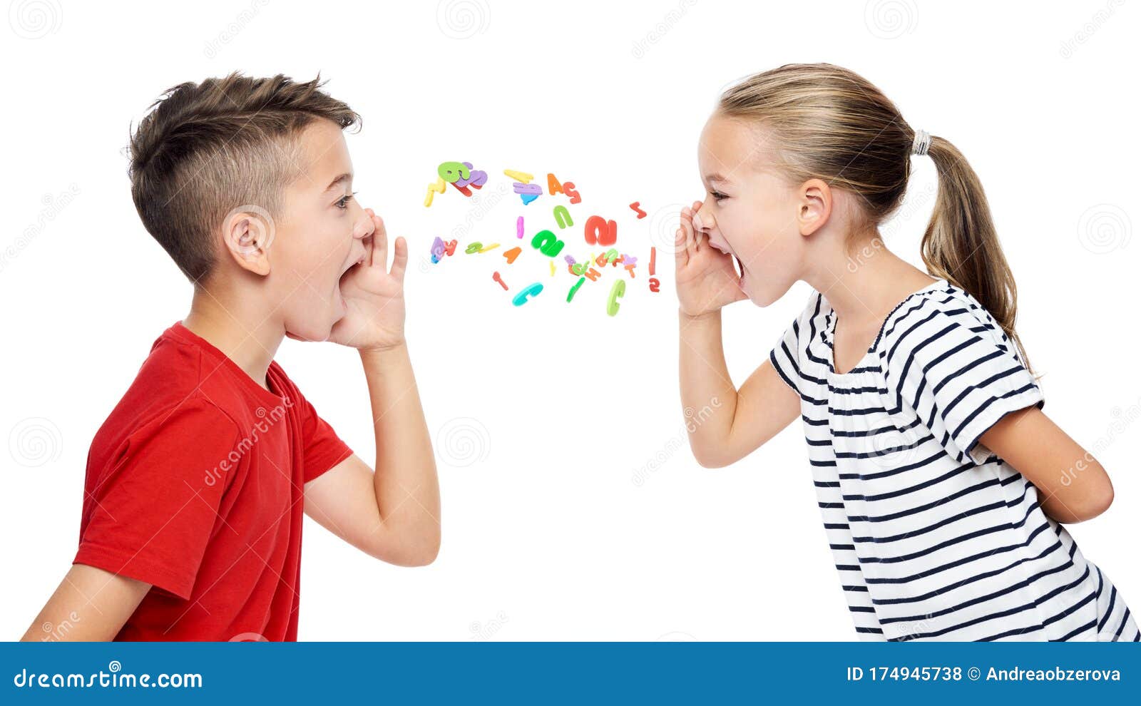 children shouting out alphabet letters. speech therapy concept over white background.