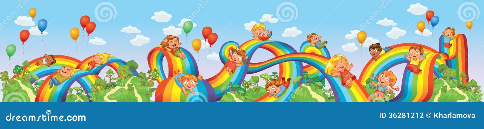 children slide down on a rainbow. roller coaster ride