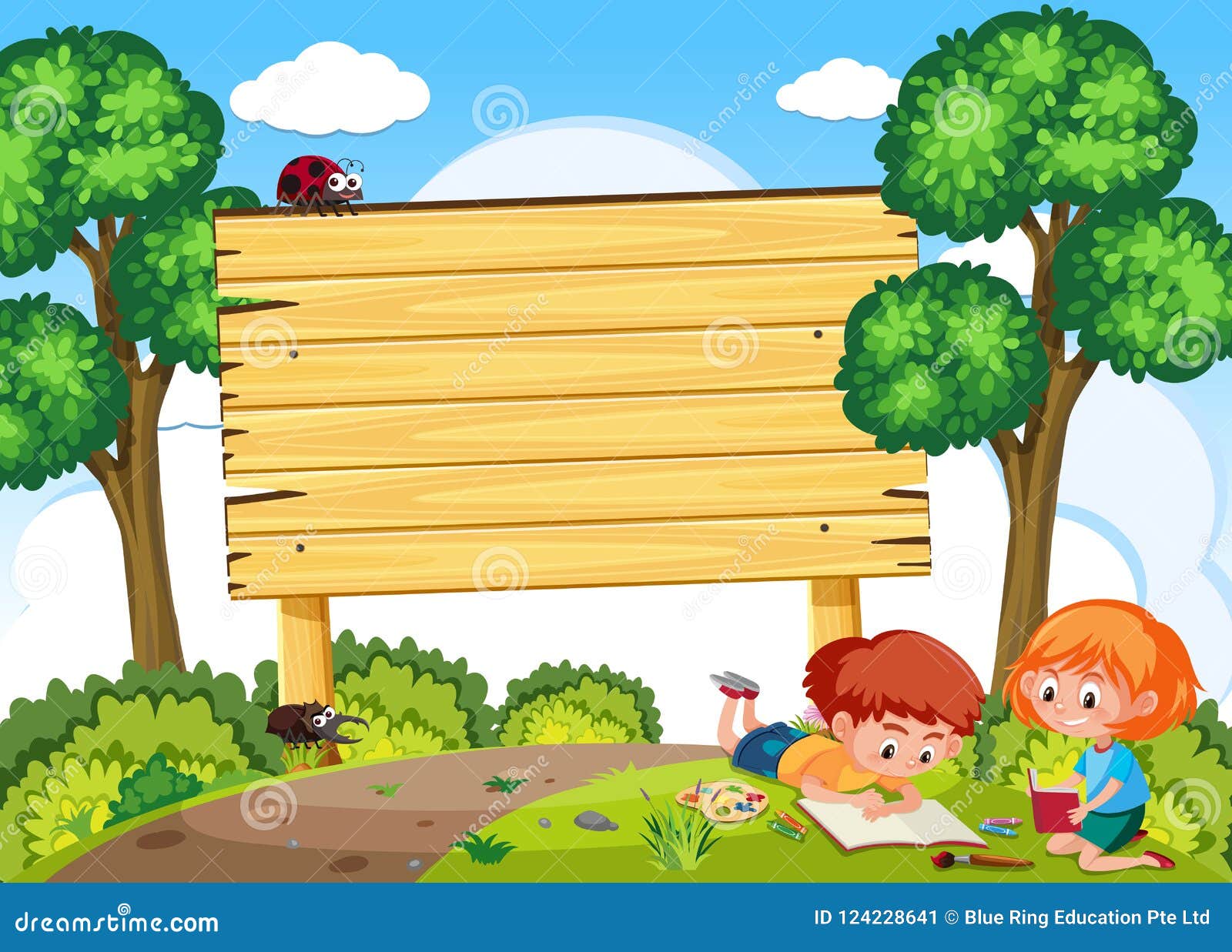 children study in nature and signboard