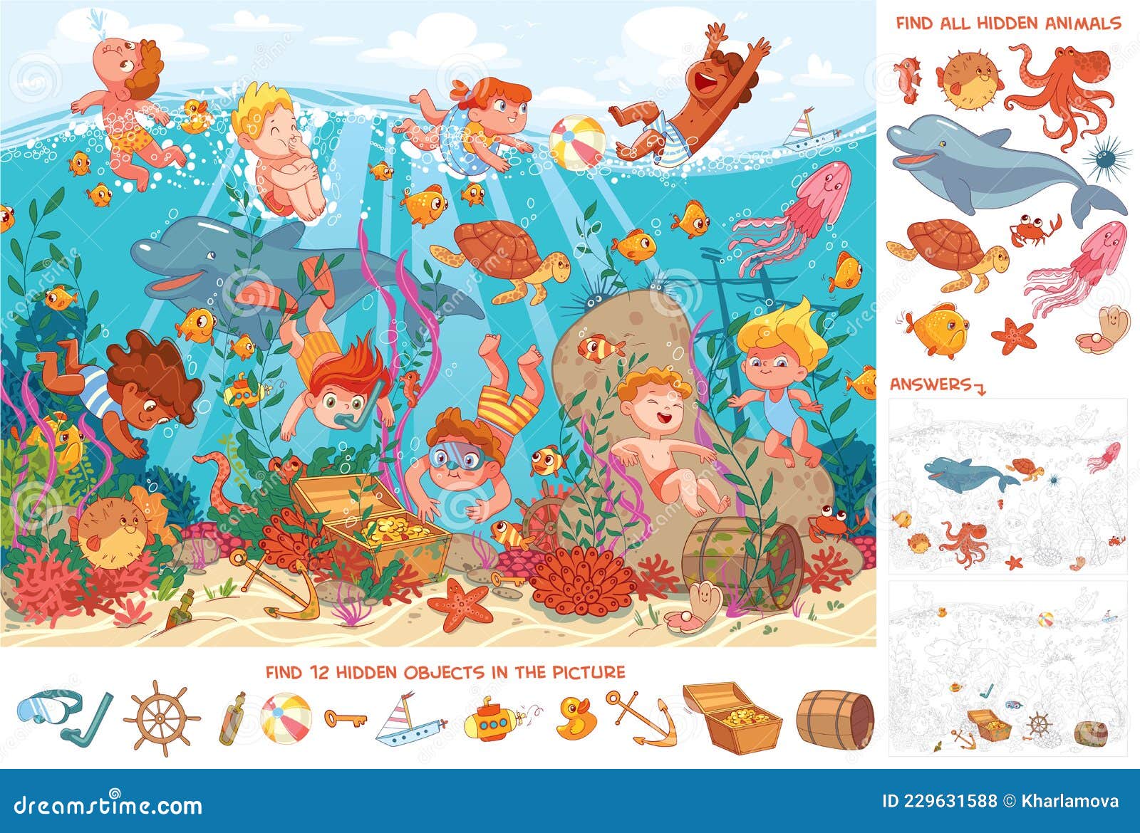 children swim underwater with marine life. find 10 hidden objects in the picture. puzzle hidden items