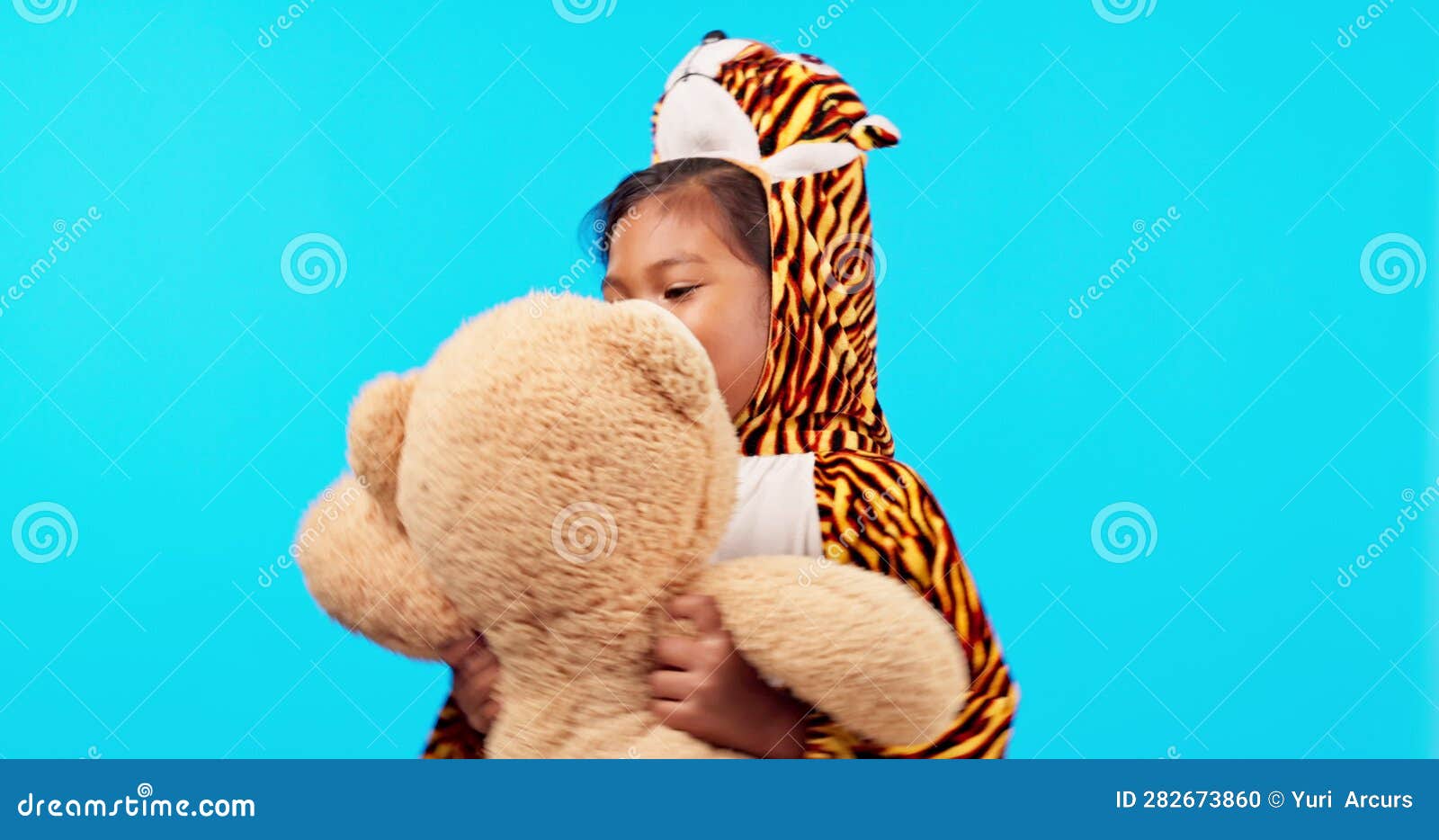 Children, Teddy Bear and Pajamas with a Girl at Bedtime on a Blue ...