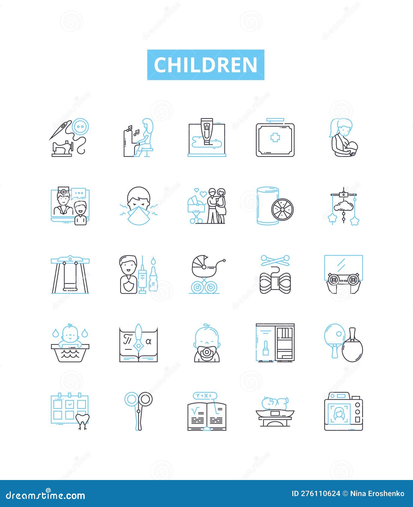 children  line icons set. kids, infants, toddlers, juveniles, minors, youths, preteens  outline