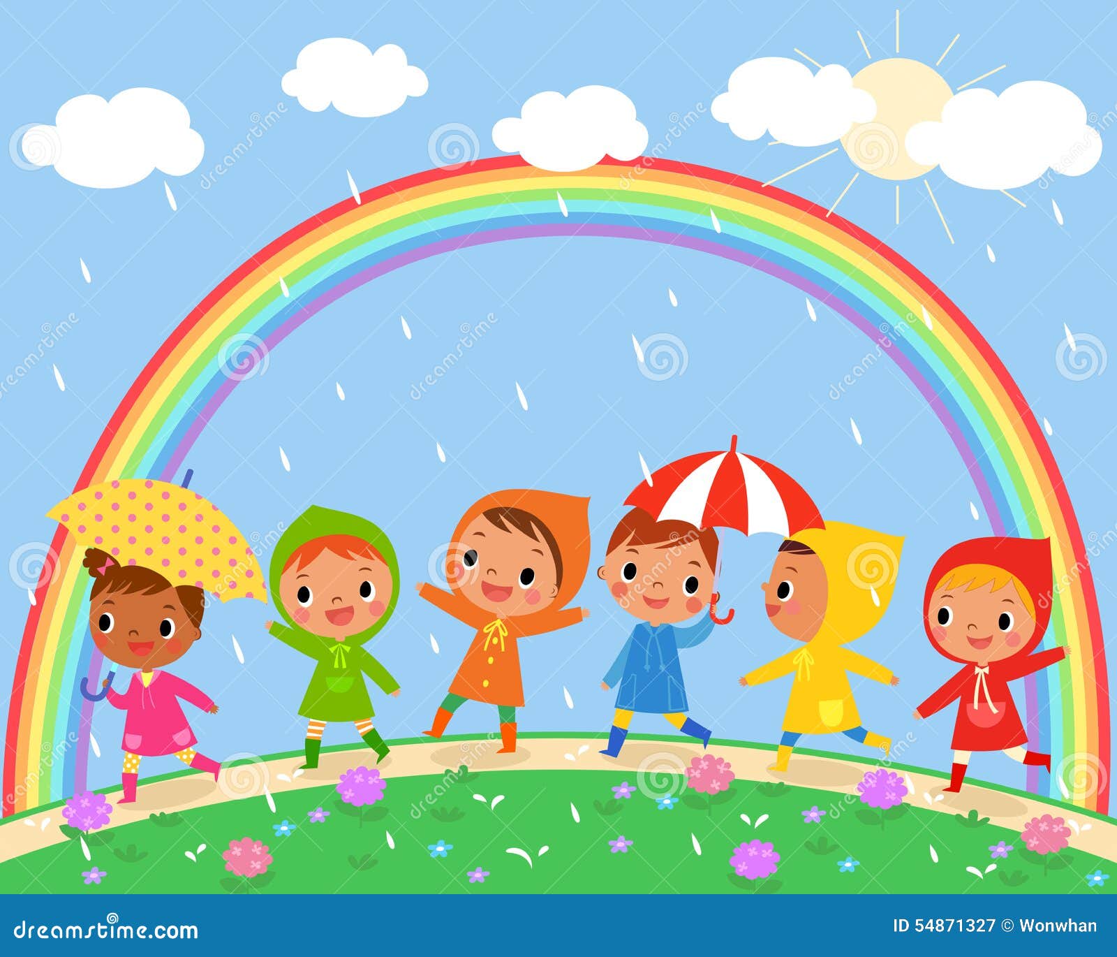 Children Walk On A Beautiful Rainy Day Stock Vector  Image: 54871327