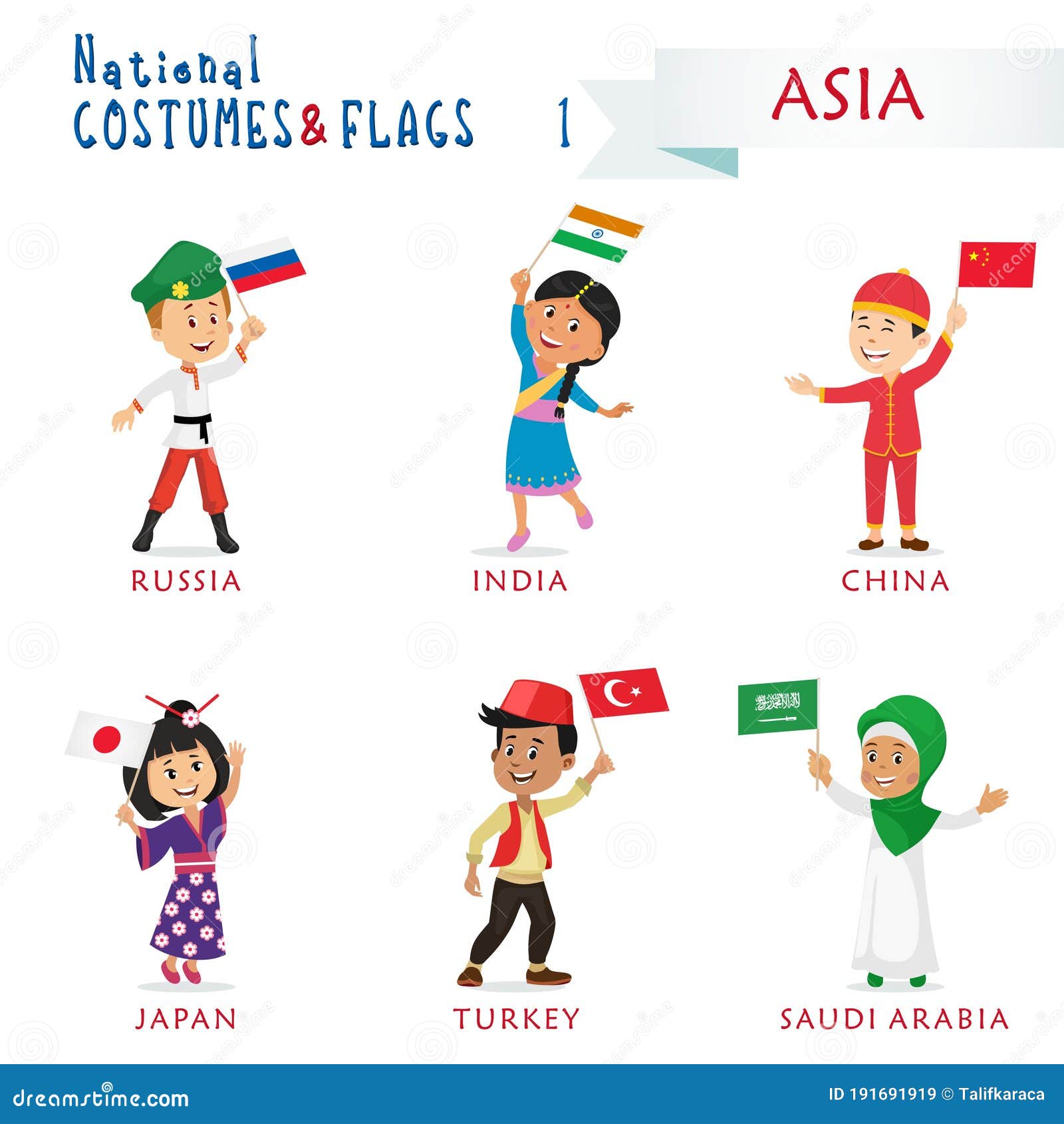 national costumes and flags of the nations - kids of the world - asia