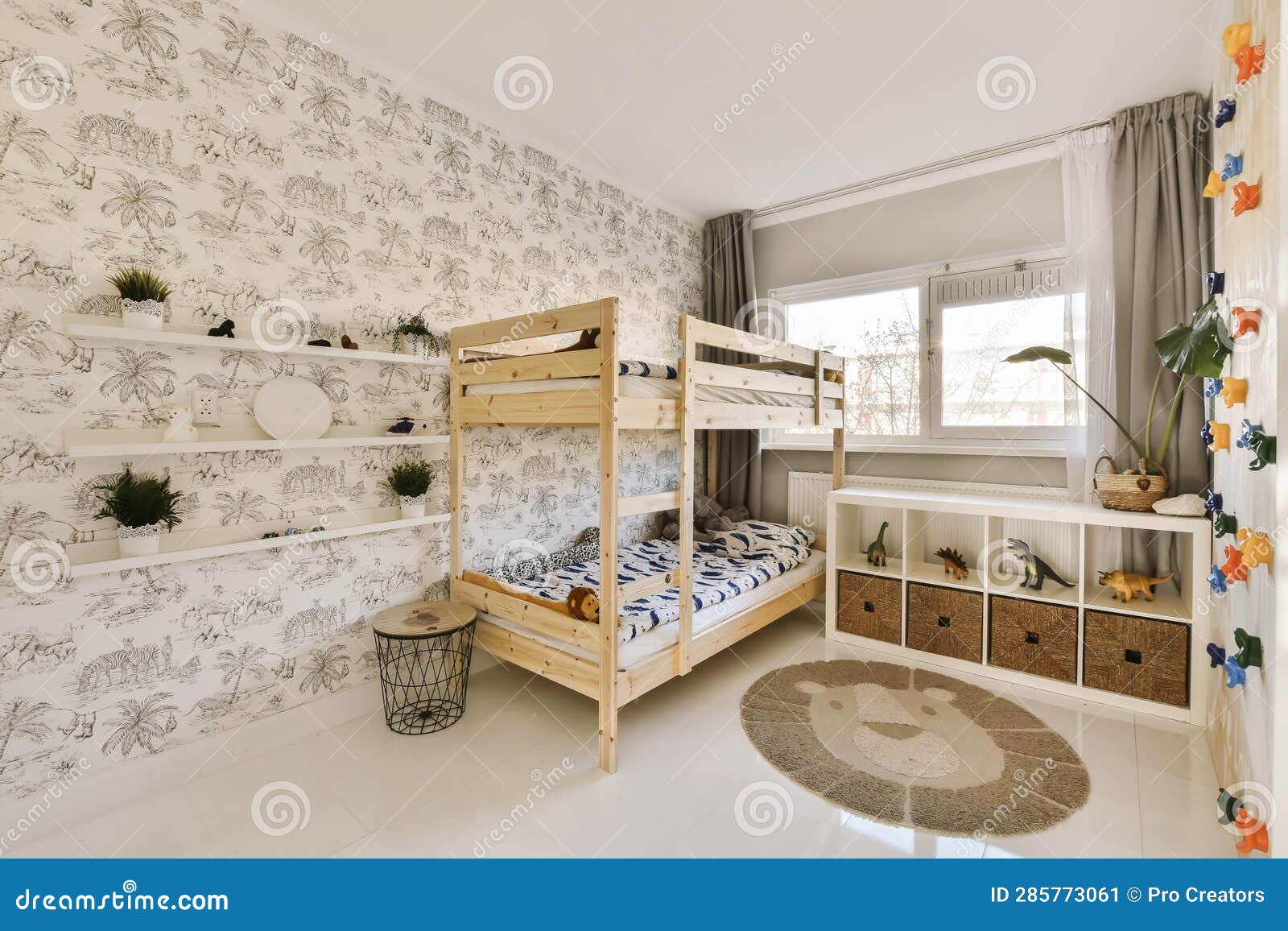 A Childrens Bedroom with Bunk Beds and Wallpaper Stock Image Image of