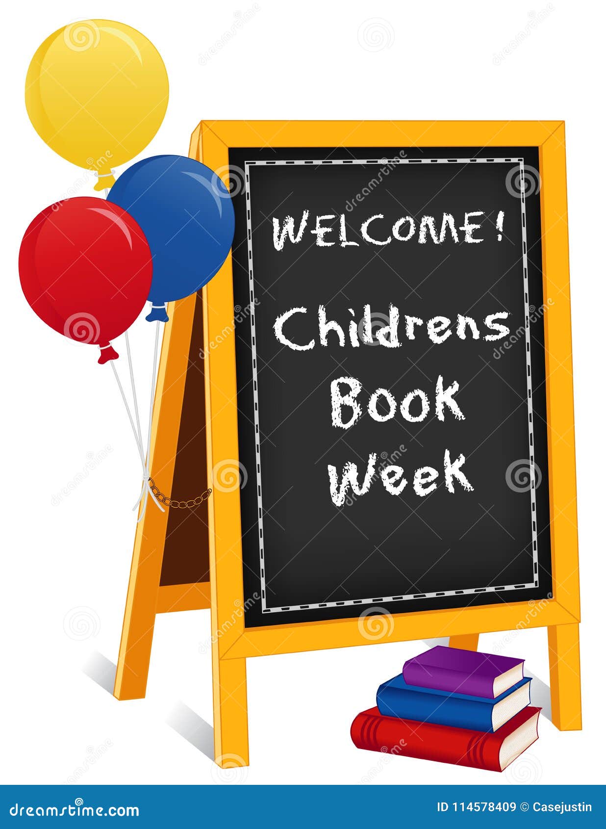 Childrens Book Week, Chalkboard Easel Sign, Books, Balloons Stock