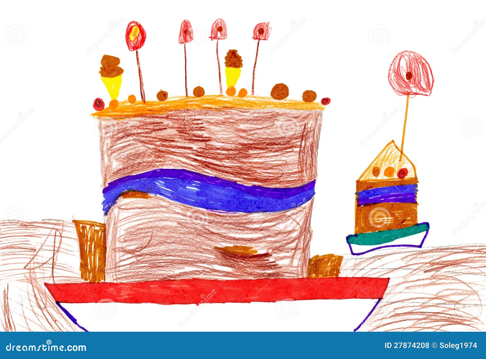 Childrens Drawing. Big Cartoon Birthday Cake Stock Illustration