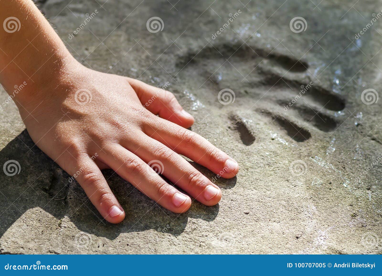 Childs Hand and Memorable Handprint in Concrete Stock Image Image of