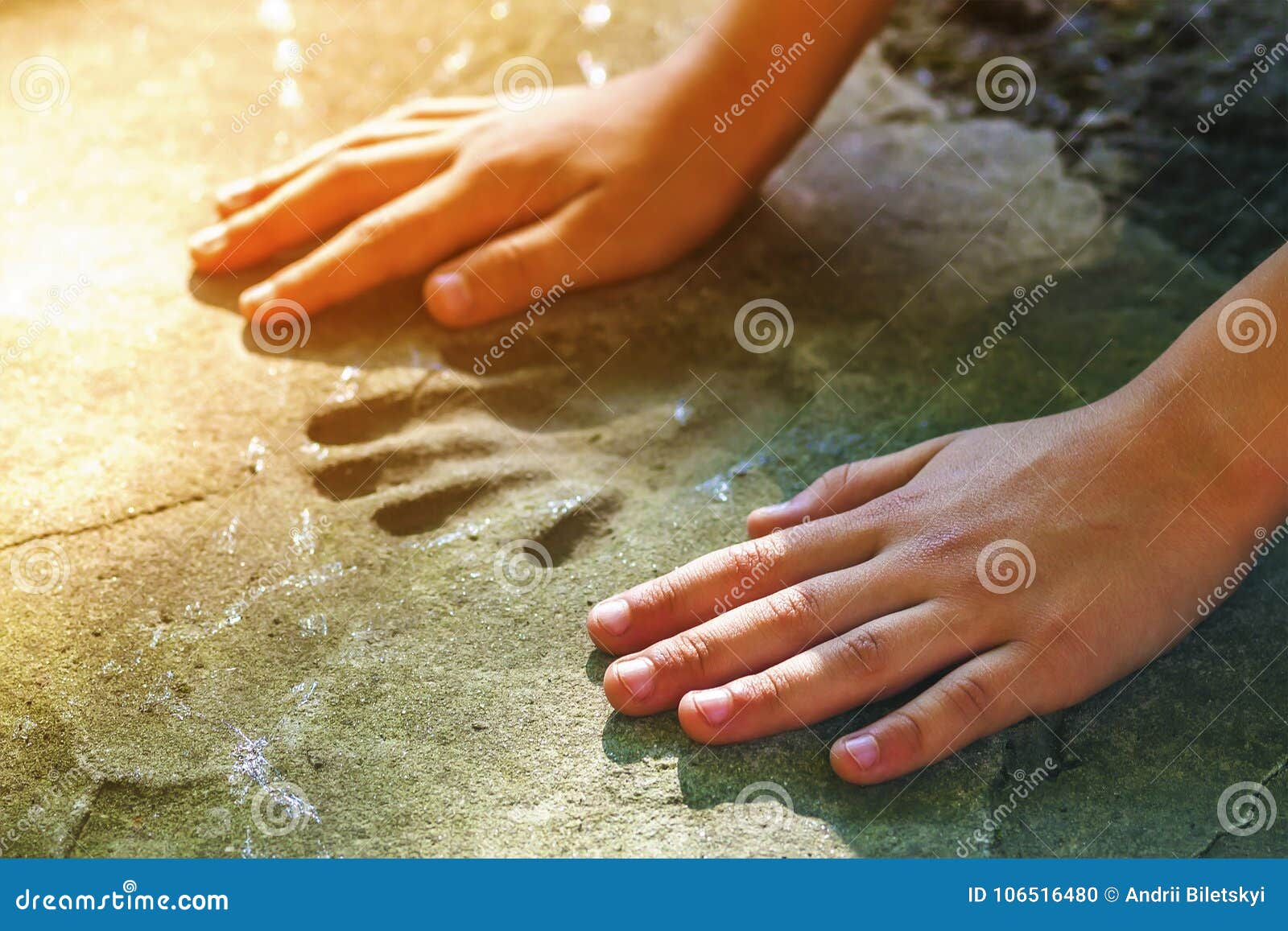 Childs Hand and Memorable Handprint in Concrete Stock Photo - Image of