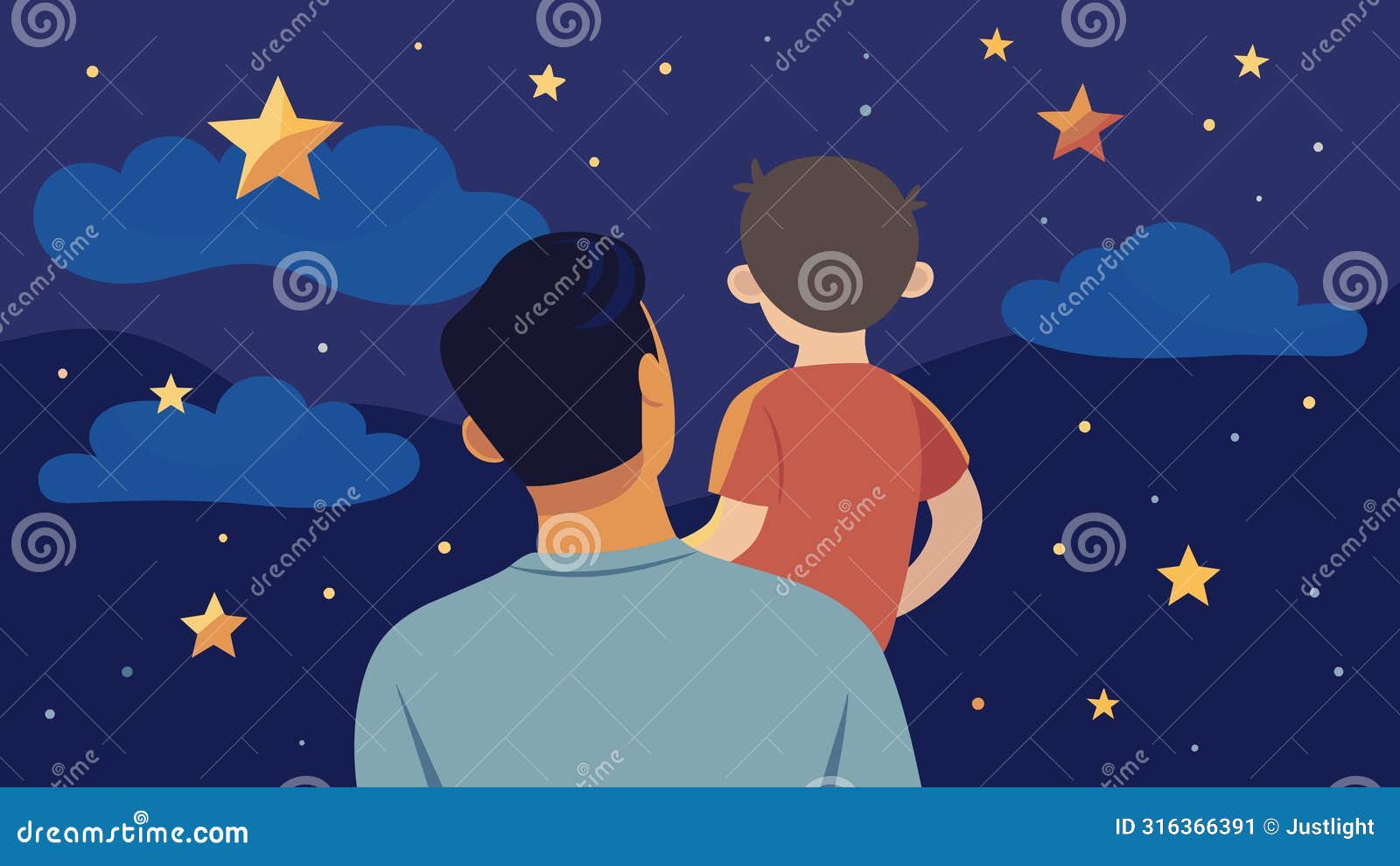 with the childs head resting on their fathers shoulder the two watched the stars emerge in the night sky a perfect