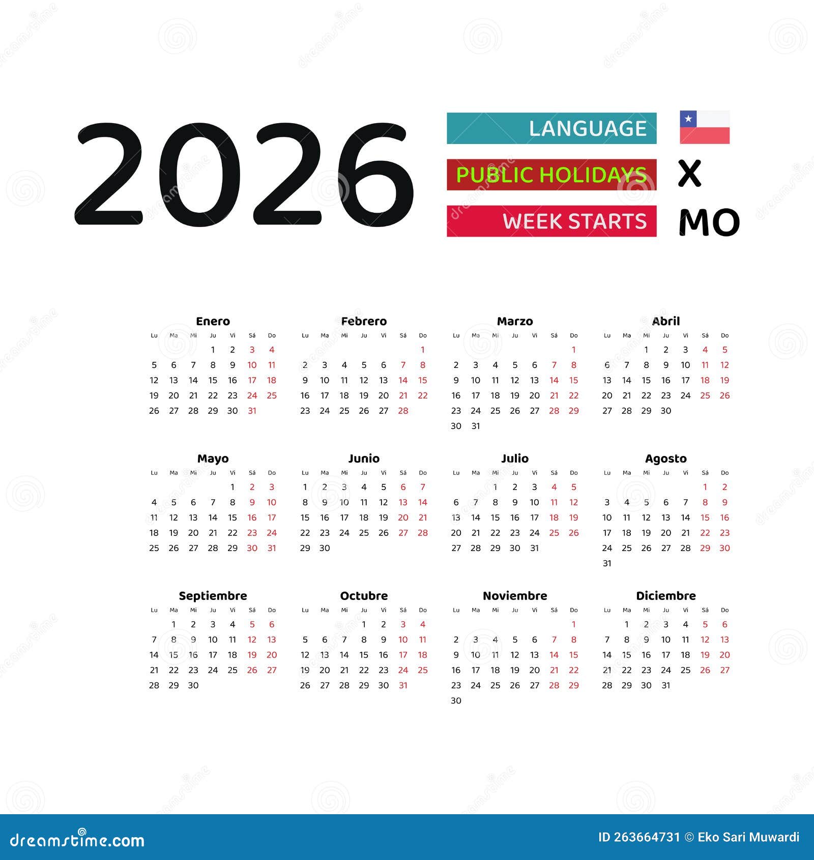 Chile Calendar 2026. Week Starts from Monday. Vector Graphic Design