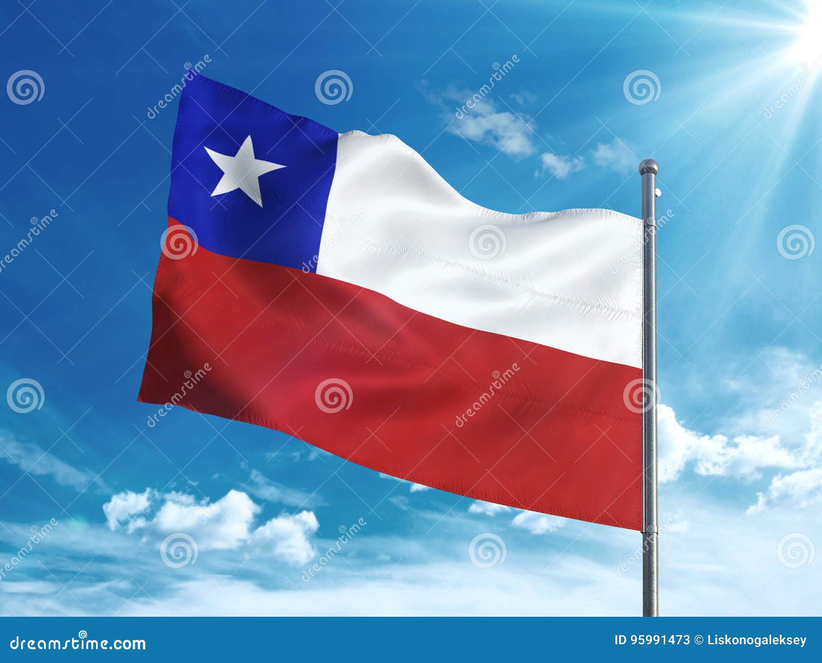 Chile Flag Waving in the Blue Sky Stock Illustration Illustration of flagpole, pennant 95991473