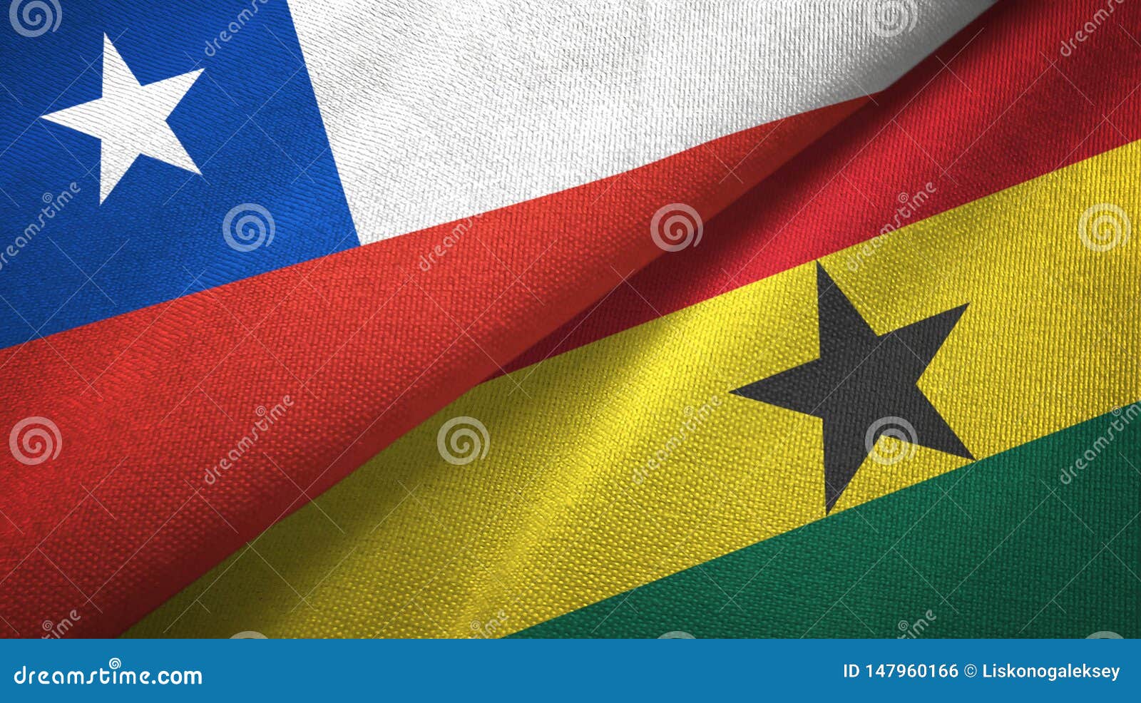 Chile and Ghana Two Flags Textile Cloth, Fabric Texture Stock