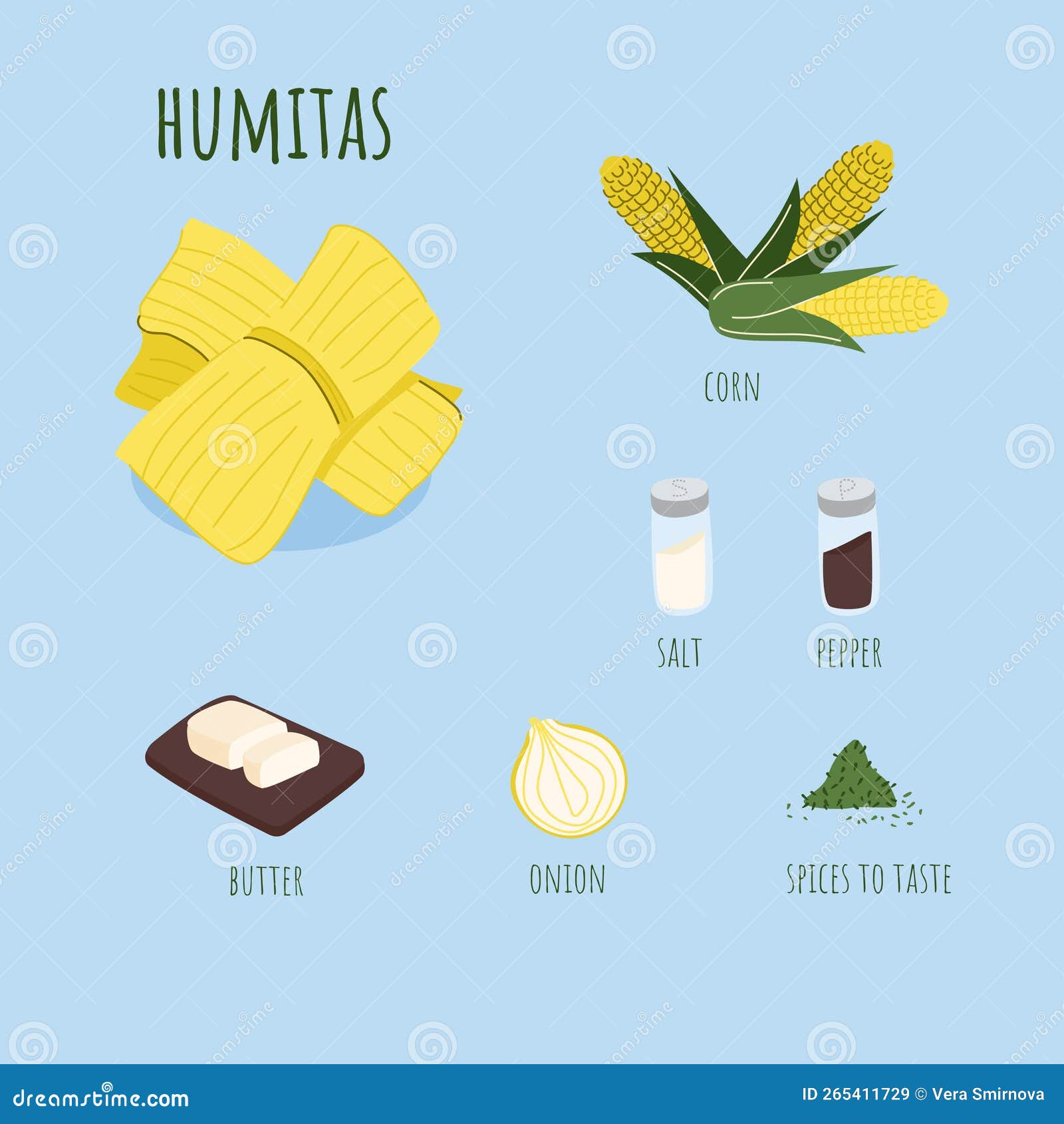 chilean humita corn wrap ingredients. latin american traditional food. fresh corn paste with onion and sipces wrapped in fresh
