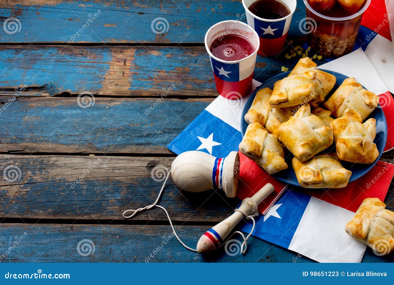 chilean independence day concept. fiestas patrias. chilean typical dish and drink on independence day party, 18