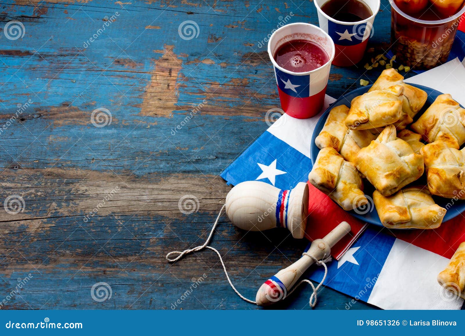 chilean independence day concept. fiestas patrias. chilean typical dish and drink on independence day party, 18