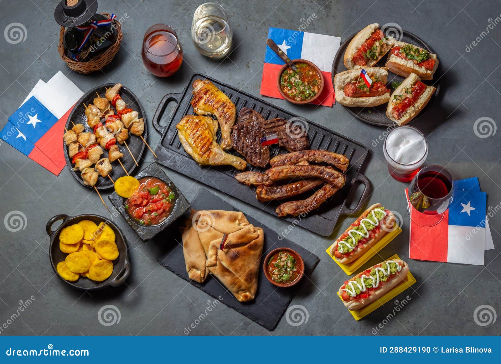 chilean independence day table with traditional festive food for fiestas patrias. dish and drink on 18 september party.