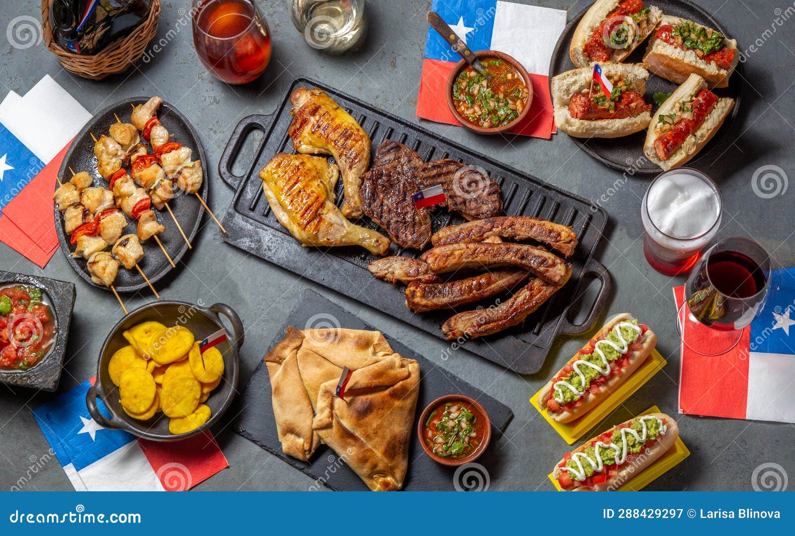 chilean independence day table with traditional festive food for fiestas patrias. dish and drink on 18 september party.