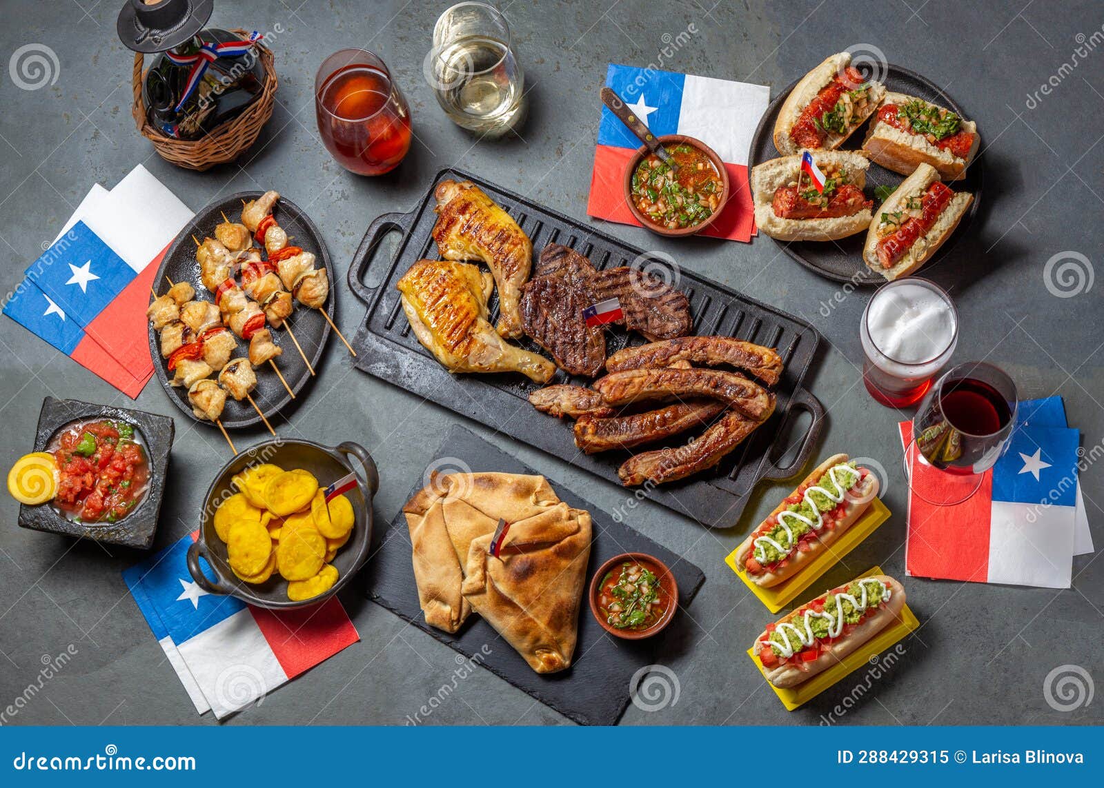 chilean independence day table with traditional festive food for fiestas patrias. dish and drink on 18 september party.