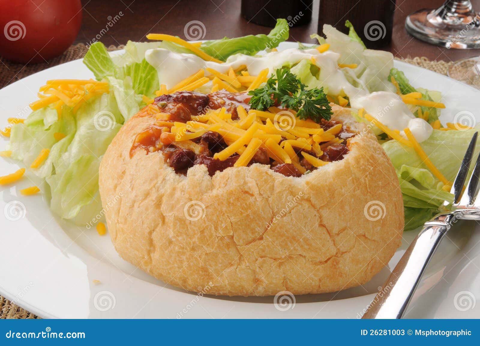 Chili in a Bread Bowl with Salad Stock Image Image of salt, meal