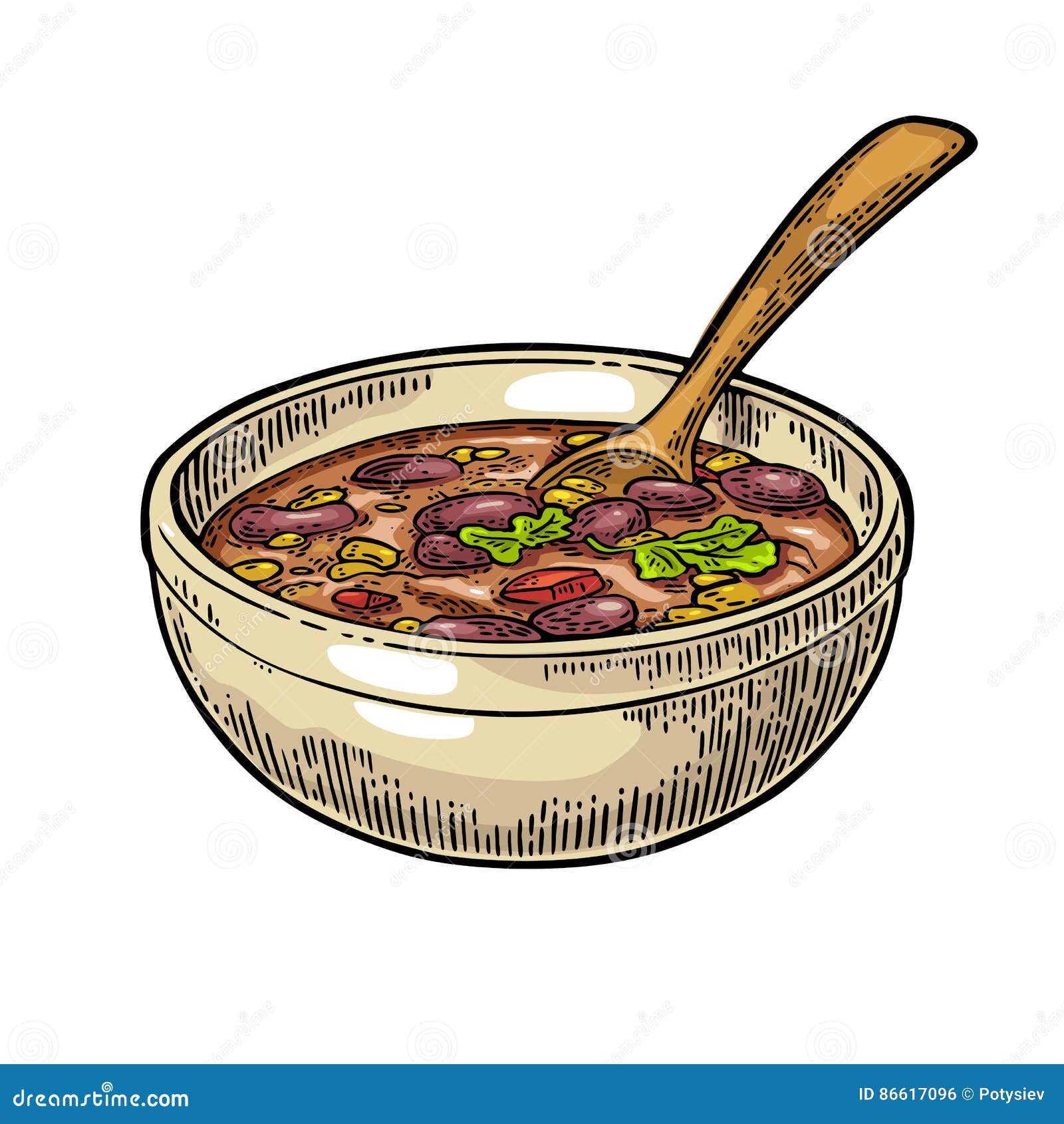 chili con carne in bowl with spoon - mexican traditional food.