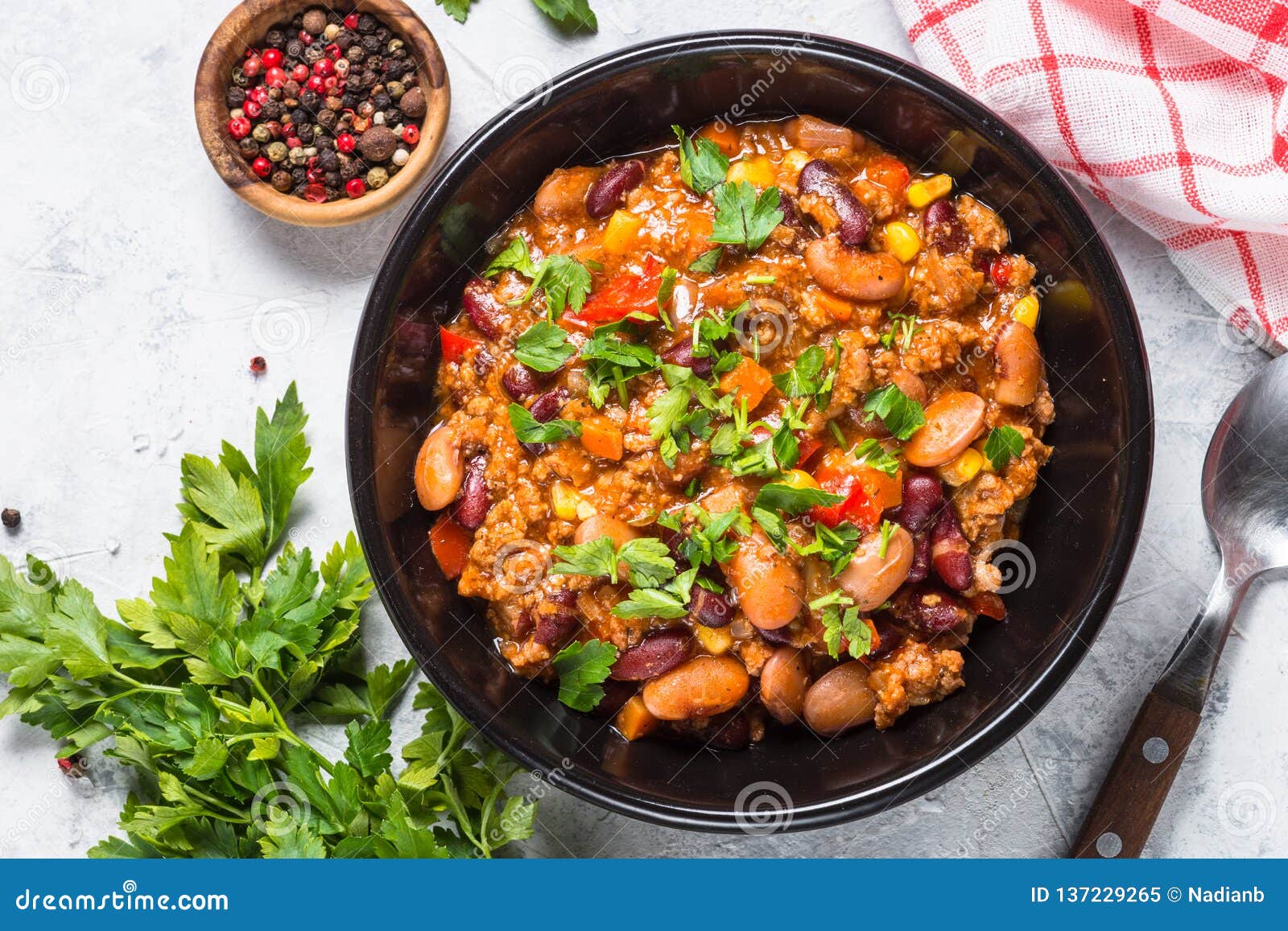Chili Con Carne from Meat and Vegetables on Stone Table Top View. Stock ...