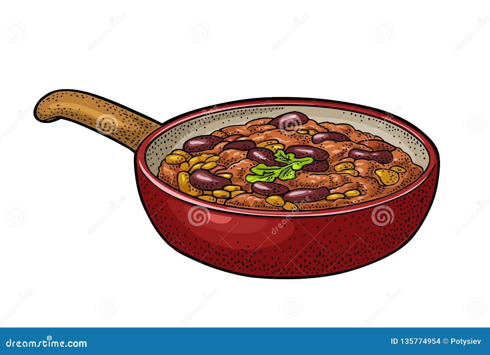 chili con carne in pan - mexican traditional food.  engraving