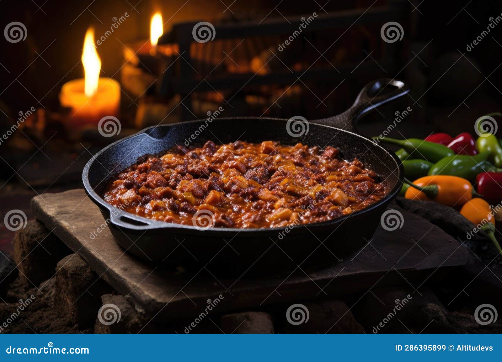 Chili Cooking in a Cast Iron Skillet Stock Illustration Illustration of spicy, tomatoes 286395899