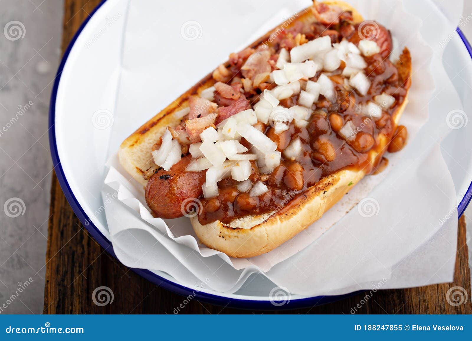 Chili Hot Dog with Beans and Onion Stock Image Image of messy