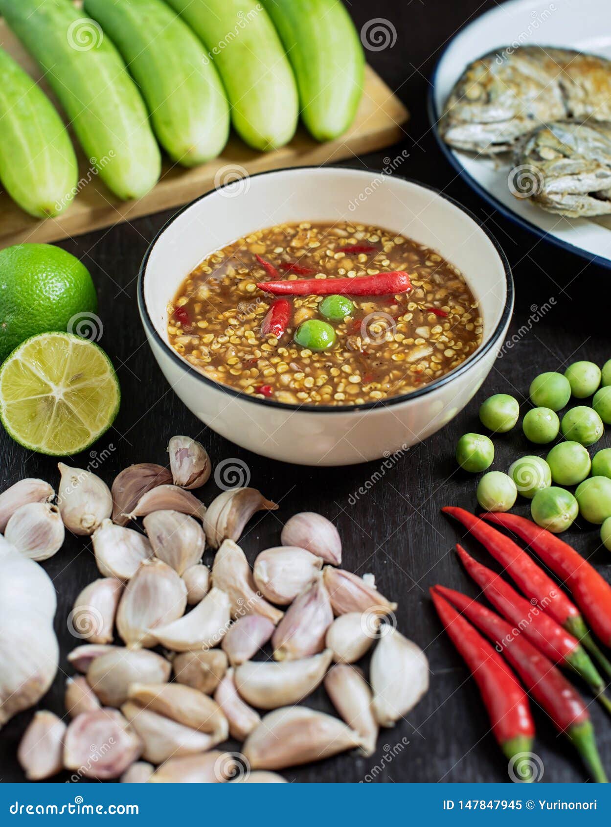 Chili Paste Thai Language Nam Prik Kapi in a White Bowl with