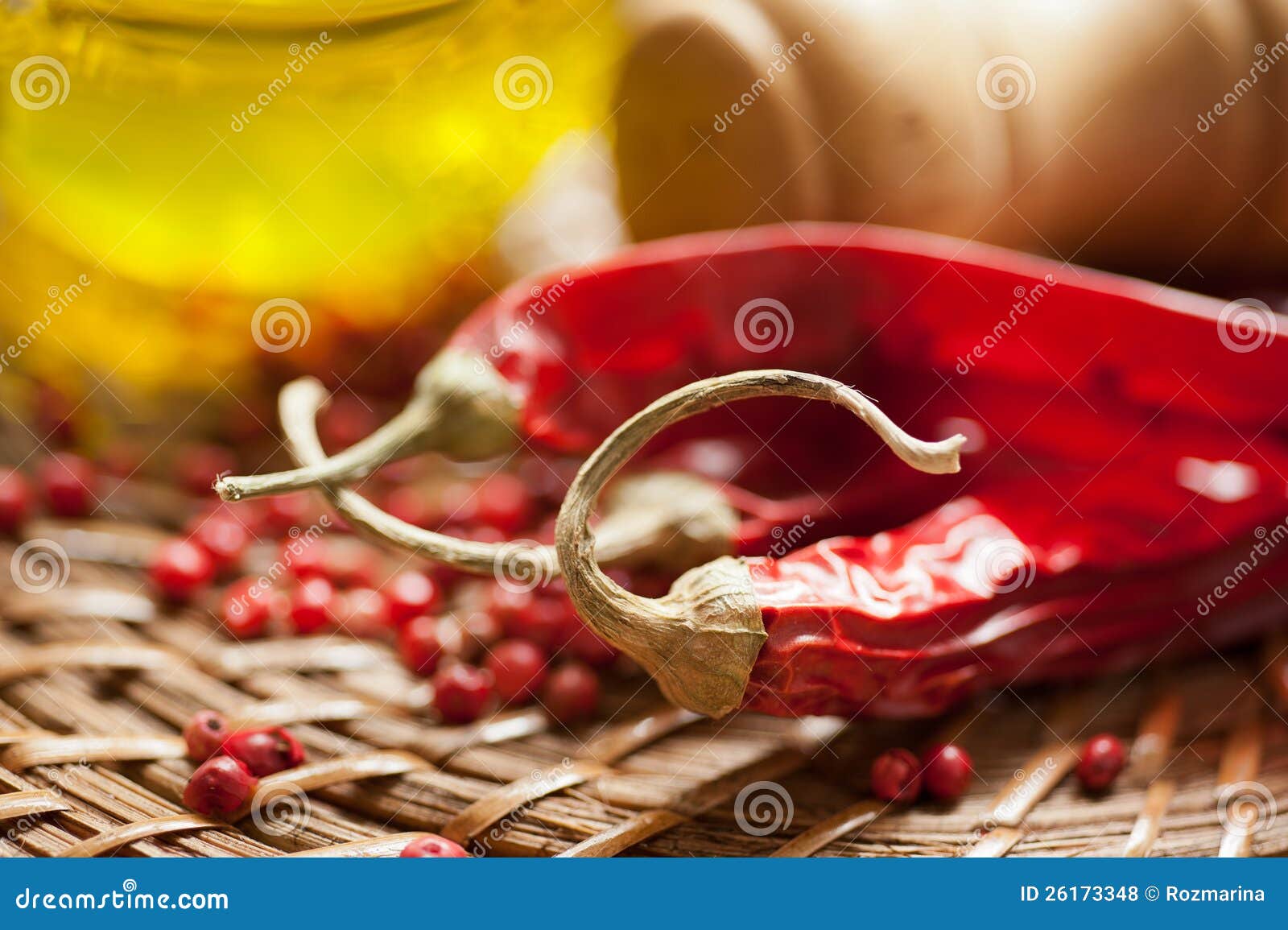 Chili pepper and olive oil stock photo. Image of loseup 26173348