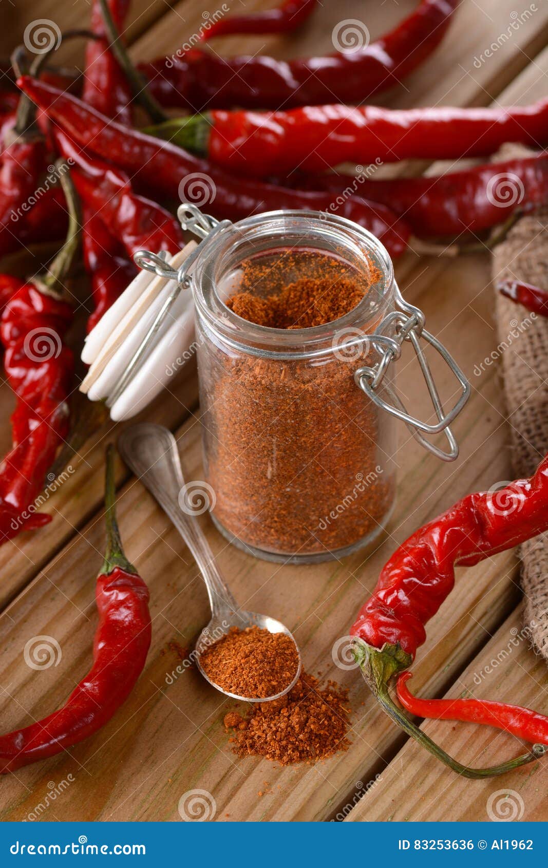Chili powder in the jar stock photo. Image of wooden 83253636