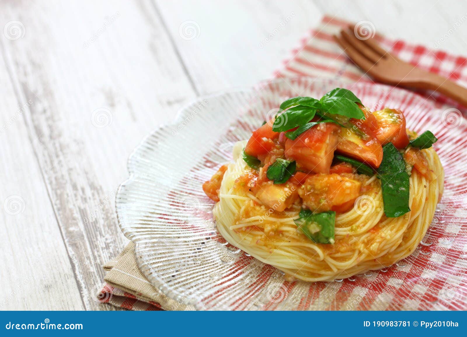 Chilled Capellini with Fresh Tomatoes and Basil Stock Image Image of
