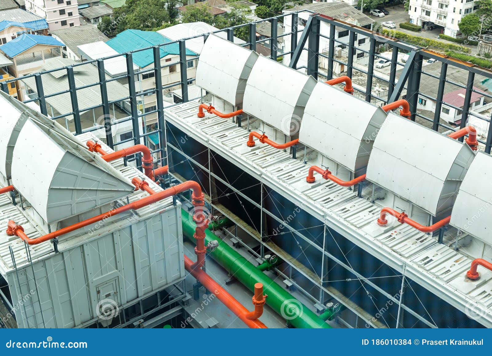 chiller. sets of cooling towers in data center building