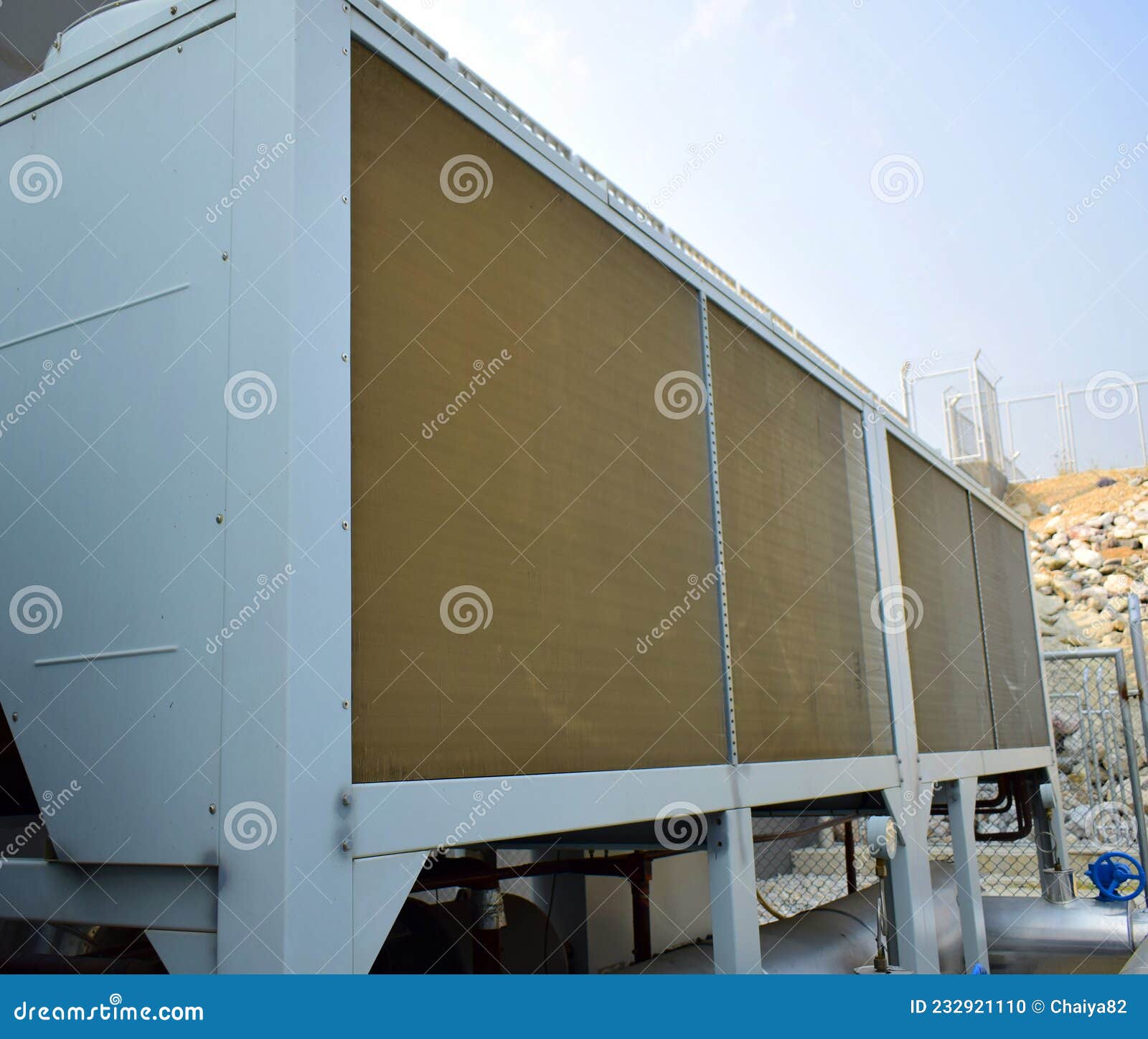 Chiller Tower Cooling and Air Conditioner Compressor. Stock Photo