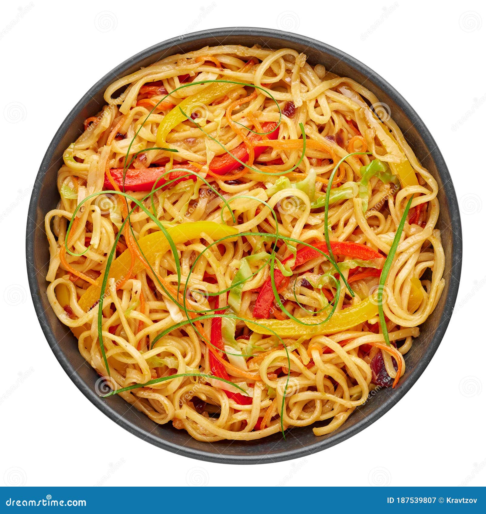 Chilli Garlic Hakka Noodles in Black Bowl Isolated on White Background
