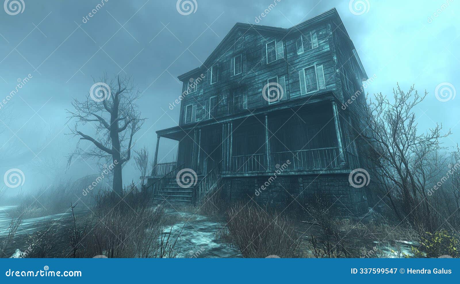 chilling image of an abandoned haunted house shrouded in fog surrounded by dead trees and overgrown weeds creating