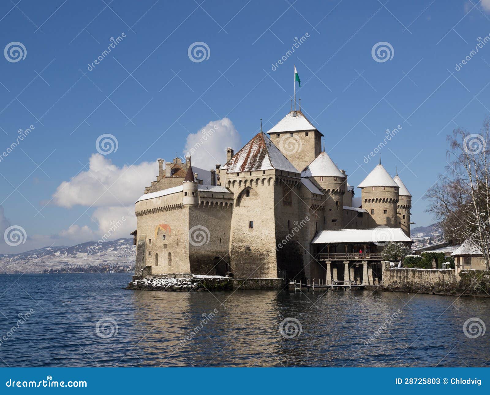 Touristic Chillon Castle in Winter with Snow Editorial Stock Photo